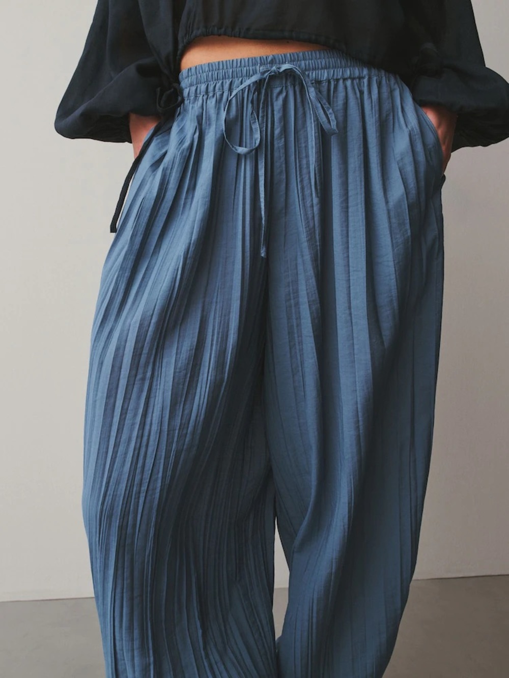 Blue Pleated Wide-Leg Drawstring Pants